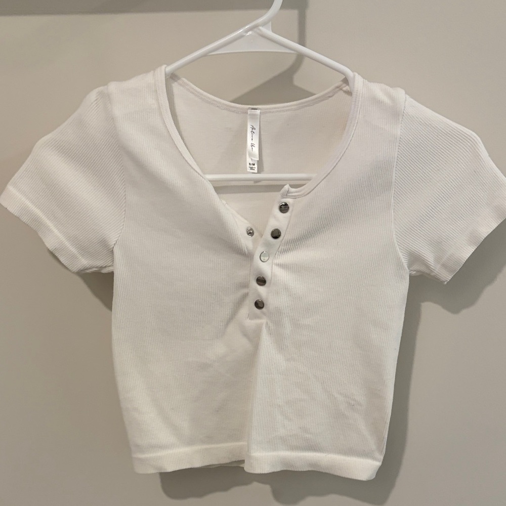 Active USA White Ribbed Henley Crop Top